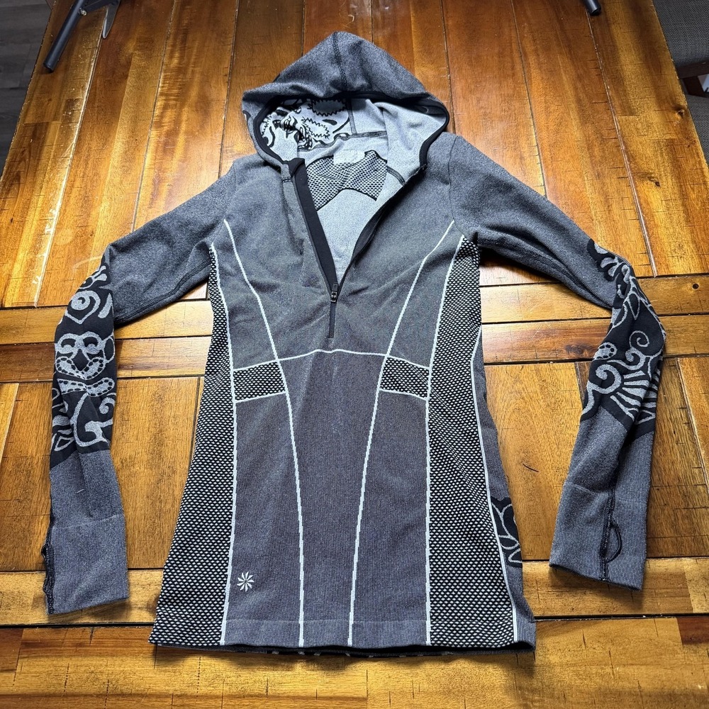 Athleta Hoodie Tunic Womens Small‎ Gray Floral 1/4 Zip Thumbholes Stretch Knit